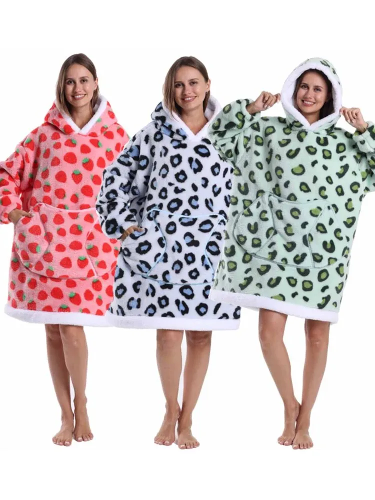 2025 Christmas Winter Warm TV Blankets for Women Oversized Leopard Animal Halloween Cosplay Hooded Sweatshirts Adult Soft Robes
