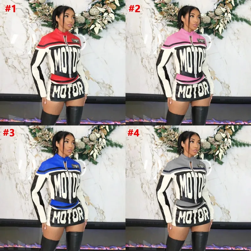 2pcs Women Y2K Pu Leather Motorcycle Jacket Fashion Letter Pattern Long Sleeve Short Coat Skirt Set Hot Girls Outfits Streetwear