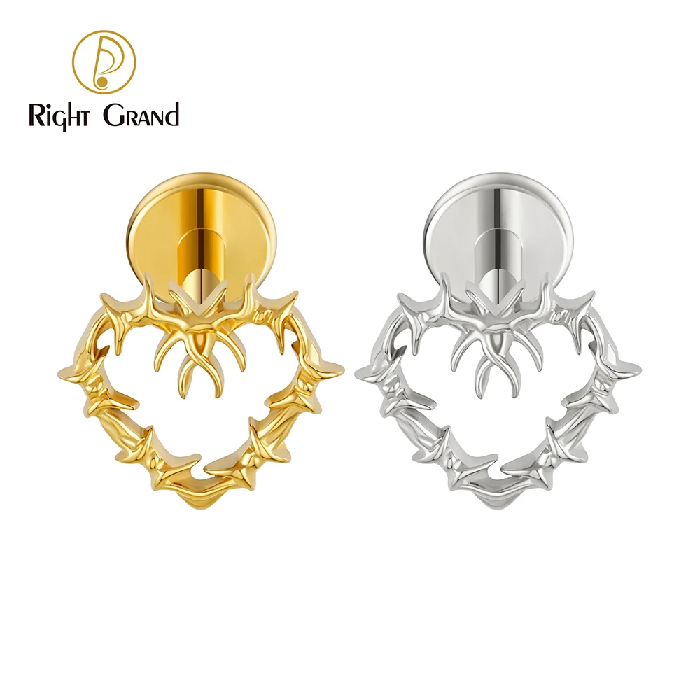 Right Grand ASTM F136 Titânio 16G Pequeno Coração Oco Plano Costas Stud Gótico Cartilagem Tragus Hélix Brinco Piercing Labret Joia Corporal