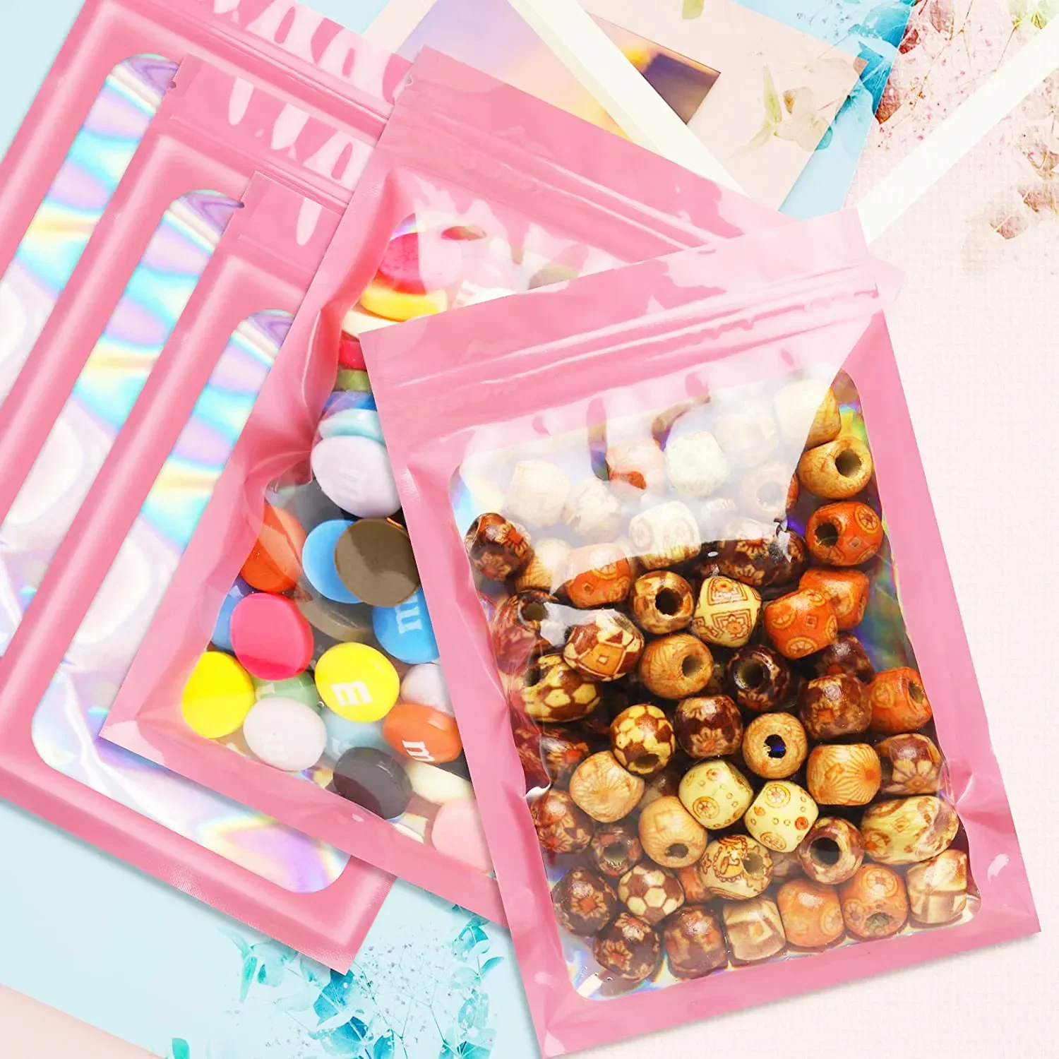 أكياس مايلر السميكة المقاومة للروائح ، لون الليزر ، البلاستيك ، قابلة للإغلاق ، مقاومة للرائحة ، حقيبة مجسمة ، حقيبة بنافذة شفافة ، 50 * #2