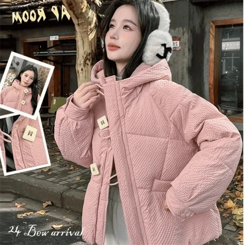 다운 코튼 재킷, 여성용 숏 스타일 2025 신상 루즈핏 후드 코튼 재킷, 겨울 한국 버전, 두꺼운 스몰 재킷 여성