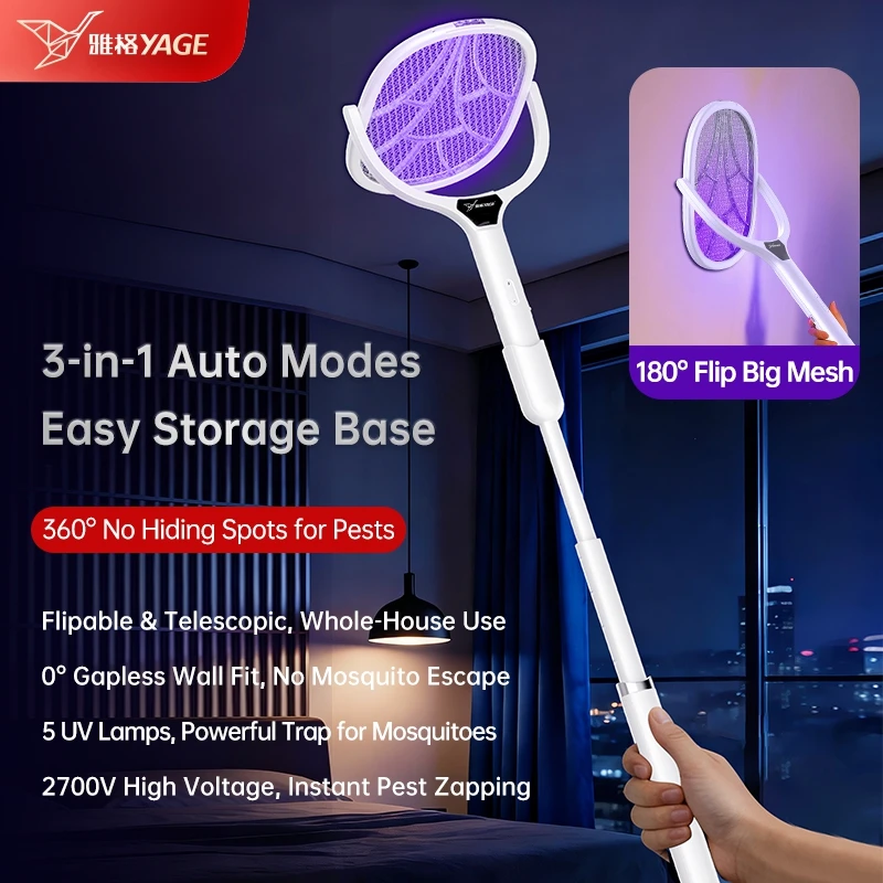 YAGE Electric Fly Swatter 3-in-1 Retractable Mosquito Racket Rotating Head Bug Zapper Indoor Outdoor Pests Killer with UV Light