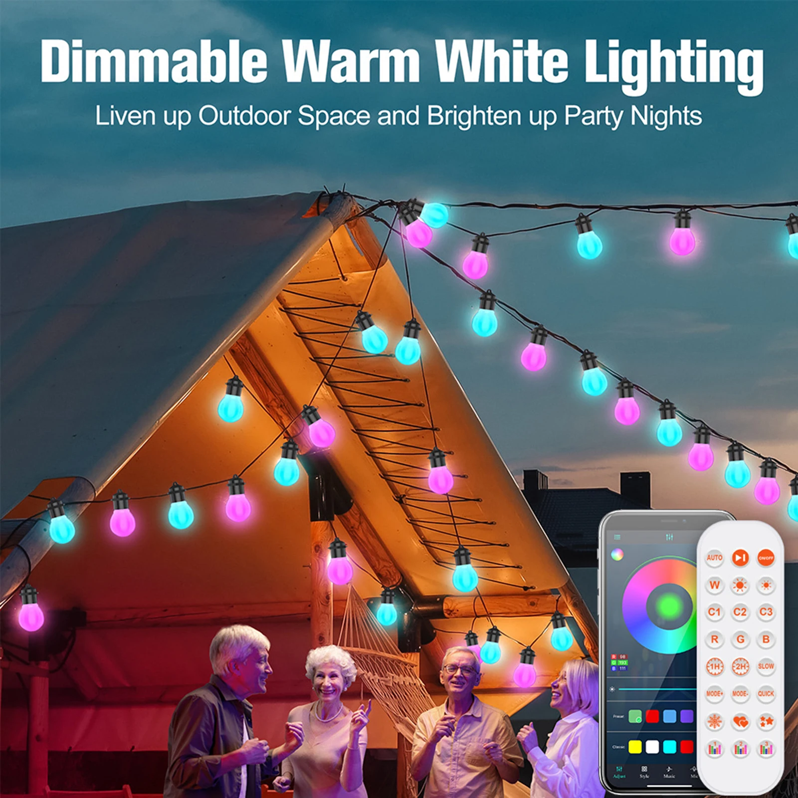 Guirxiété Lumineuse d'Extérieur G50 RGBIC, Lumière Blanche Chaude, avec 20 Ampoules LED à Intensité Variable, avec Application de Contrôle, pour délégations 26 Amaran