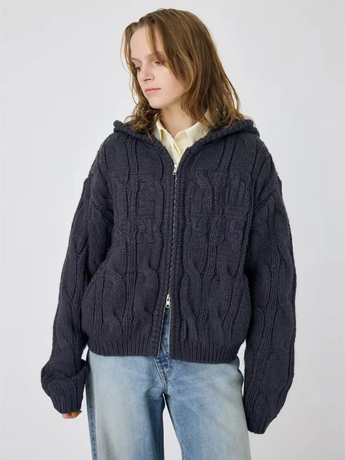 

Winter New Women's Knitted Hat Sweater Cardigan Coat Loose Sle Long Sve Zipper Closure Color Japanese Sle