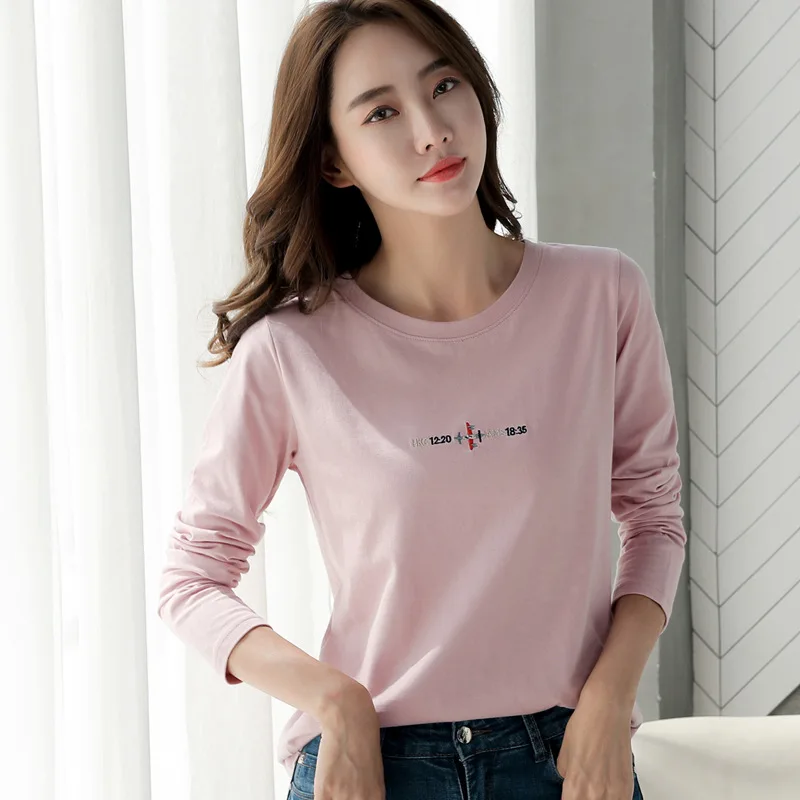 قميص نسائي جديد بأكمام طويلة مع طائرة مطرزة متعددة الألوان النسخة الكورية بلوفر ملون T ملابس خارجية غير رسمية #2