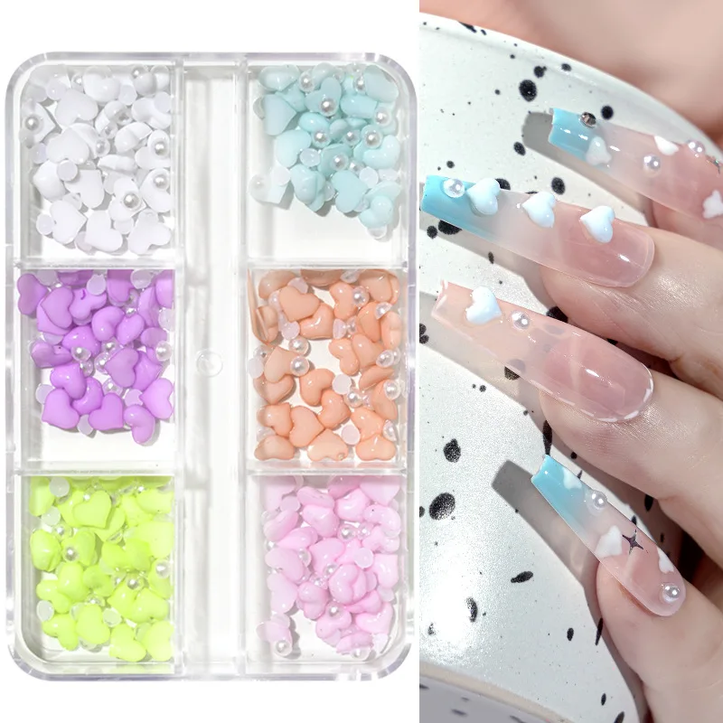 60-120Pcs Candy Color Love Heart Nail Art Resin Rhinestones 3D Nude/Green Peach Heart Nail Charms 6Grids Kawaii Heart Nail Parts