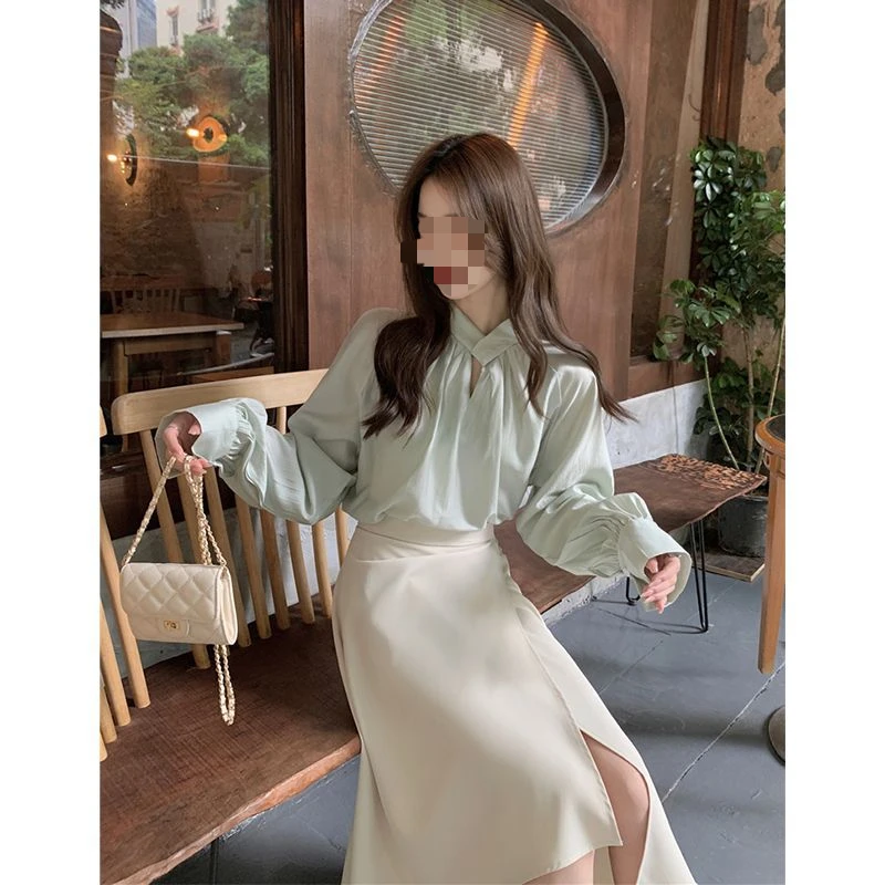 Gentle Style Hollow Design Long Sleeve Shirt Irregular Half Body Long Dress Women's Autumn 2024 New Fashion Set