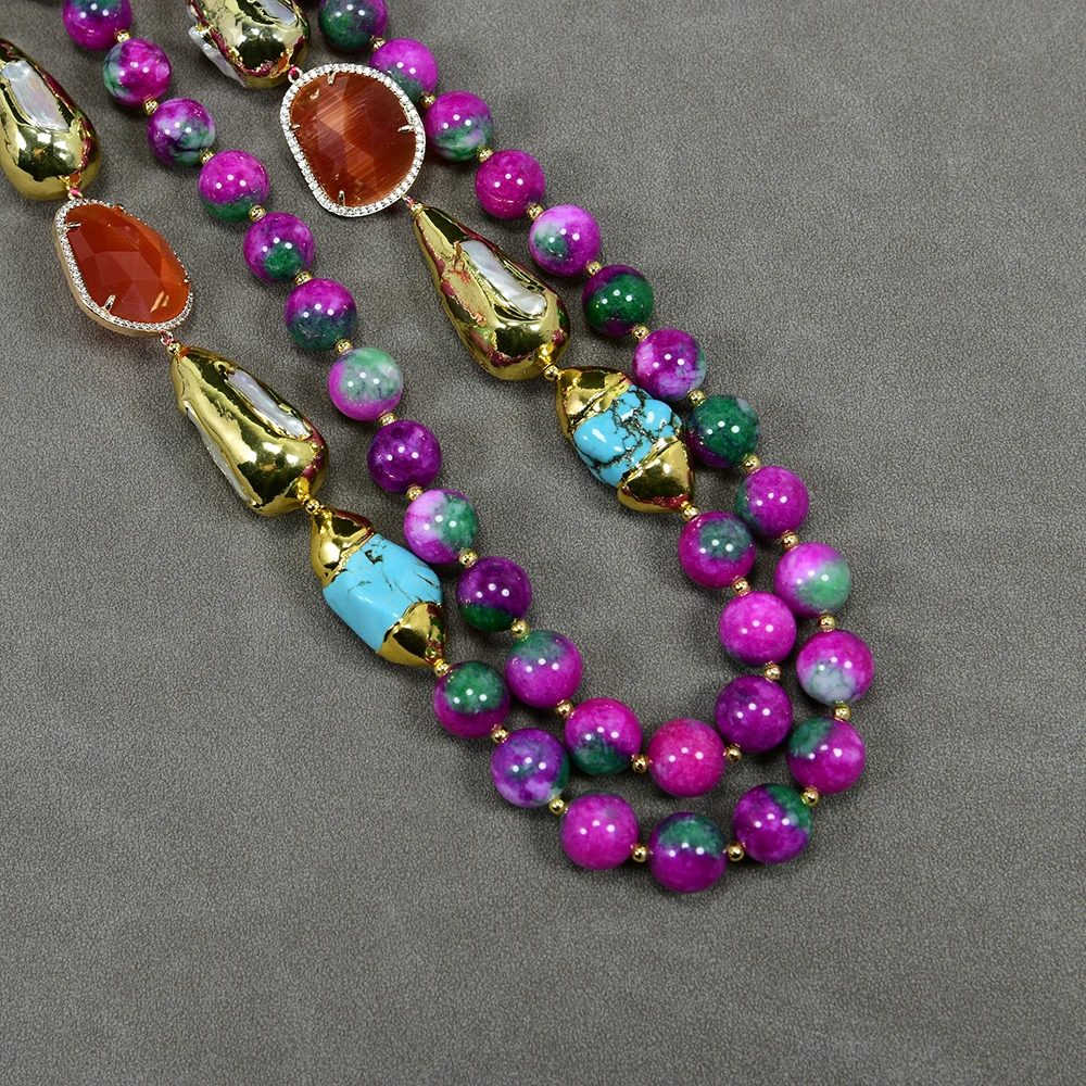 GG 2 Rows Mix Color Green Fuchsia Jade Cultured White Biwa Pearl CZ Paved Cat eye Crystal Turquoise Necklace