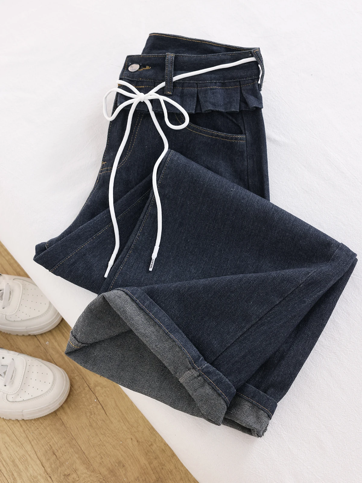 American Retro Spicy Girl Wide Leg Jeans 2025 Summer Women's High Waist Ruffles Loose Denim Pants Vintage Lace Up Trousers