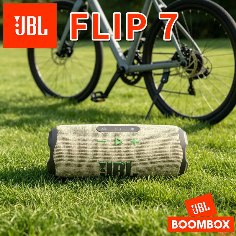Equipo de ocio para excursiones costeras: Nuevo altavoz Bluetooth JBL Flip 7 Kaleidoscope. Disfrute de la música relajante junto a la orilla del mar.