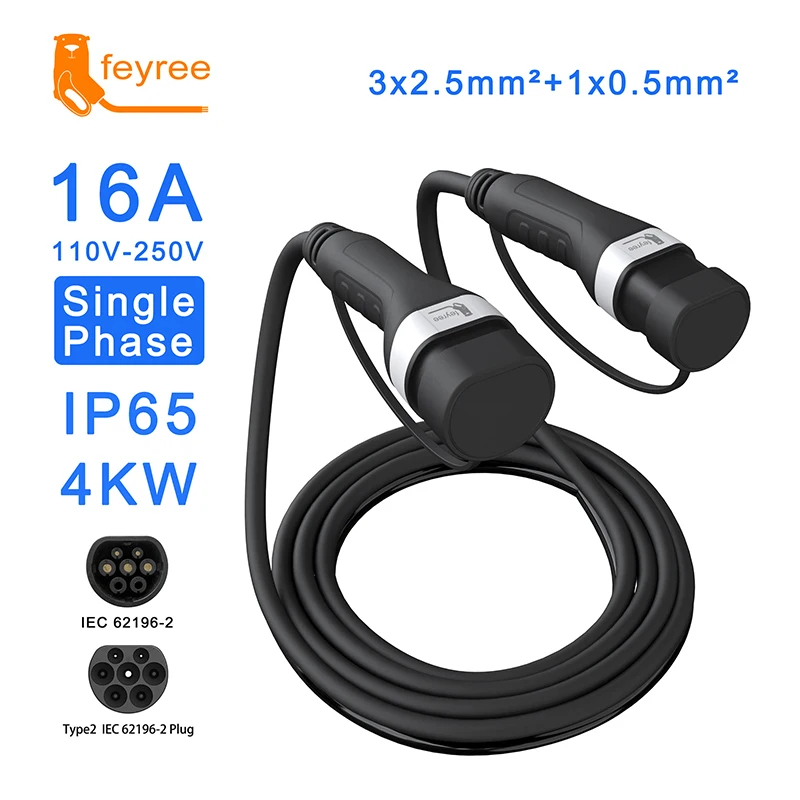 EV Car Charger Type 2 Charging Cable Female to Male 16A 32A 1 Phase 3 Phase IEC 62196-2 Plug with 5M Cable for Electric Vehicle