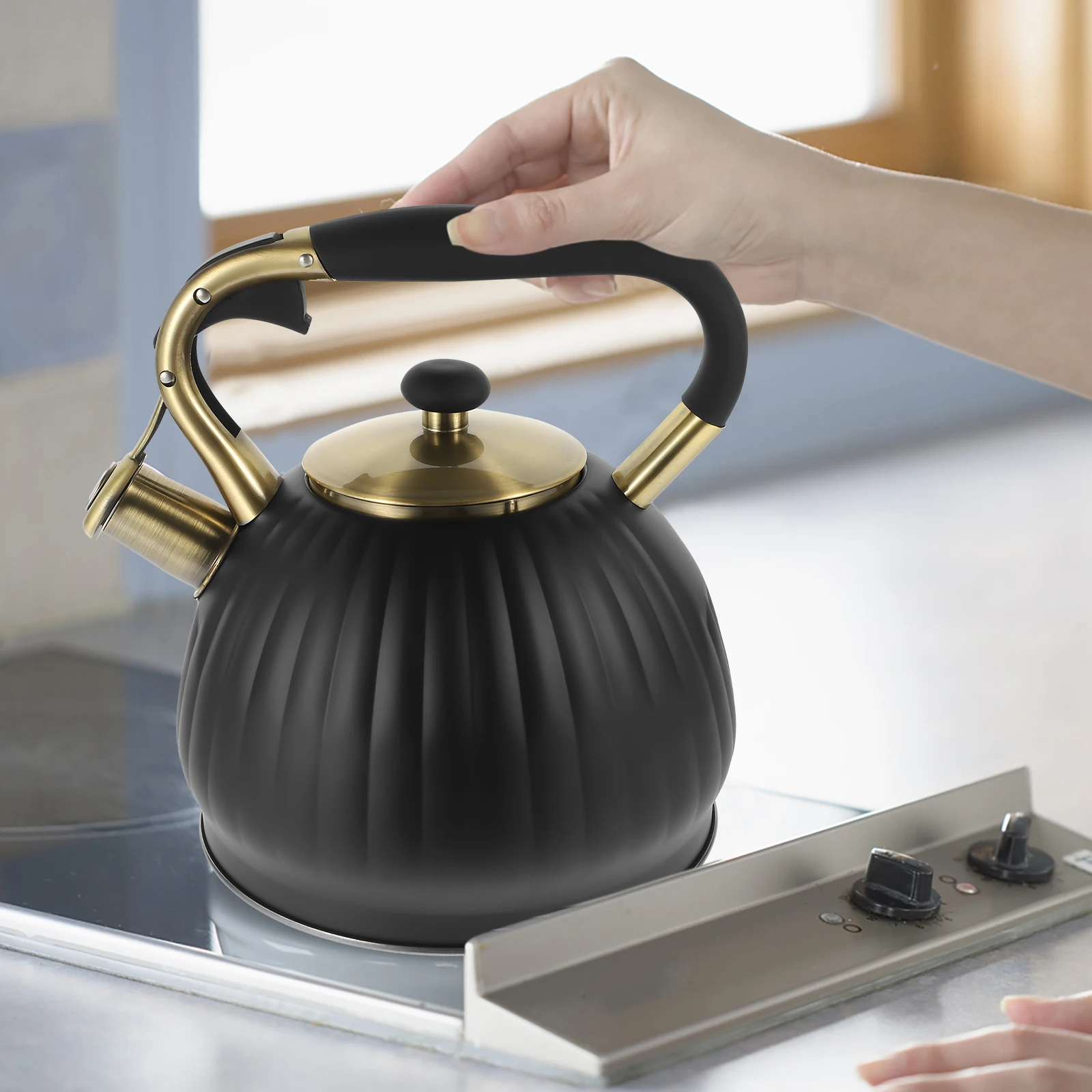 

Stainless Steel Whistling Teakettle Black Boil Water Kettle Home Teapot Ergonomic H Dust Cover Induction Electric Gas Stove