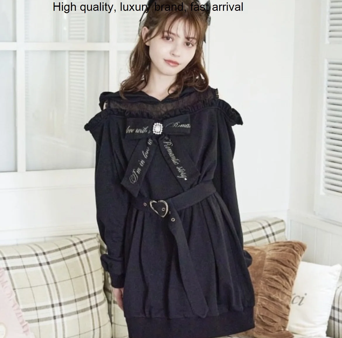 

2023 Lolita Styles New Spring Large Size Long Sleeve Sweatshirt Lace Patchwork Hooded Mid-long Dress Bow Casual Hoodie Pink Top