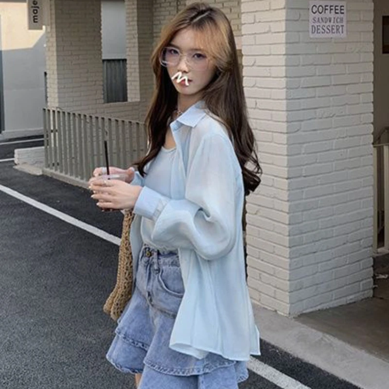 6 Colors Shirts Women Sun-proof Thin Back-slit Sheer Beach Style Casual Breathable Loose Ulzzang Vacation Summer Popular Simple