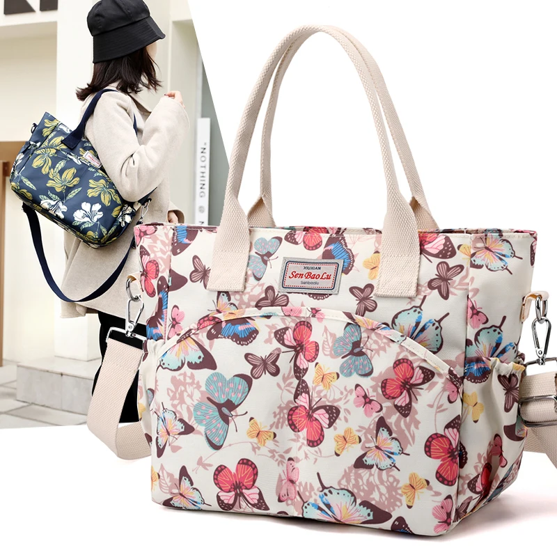 Women\'s Floral Pastoral Shoulder Bag Large Capacity Nylon HandBags Waterproof Casual Top-handle Ladies Travel Totebag Mother bag