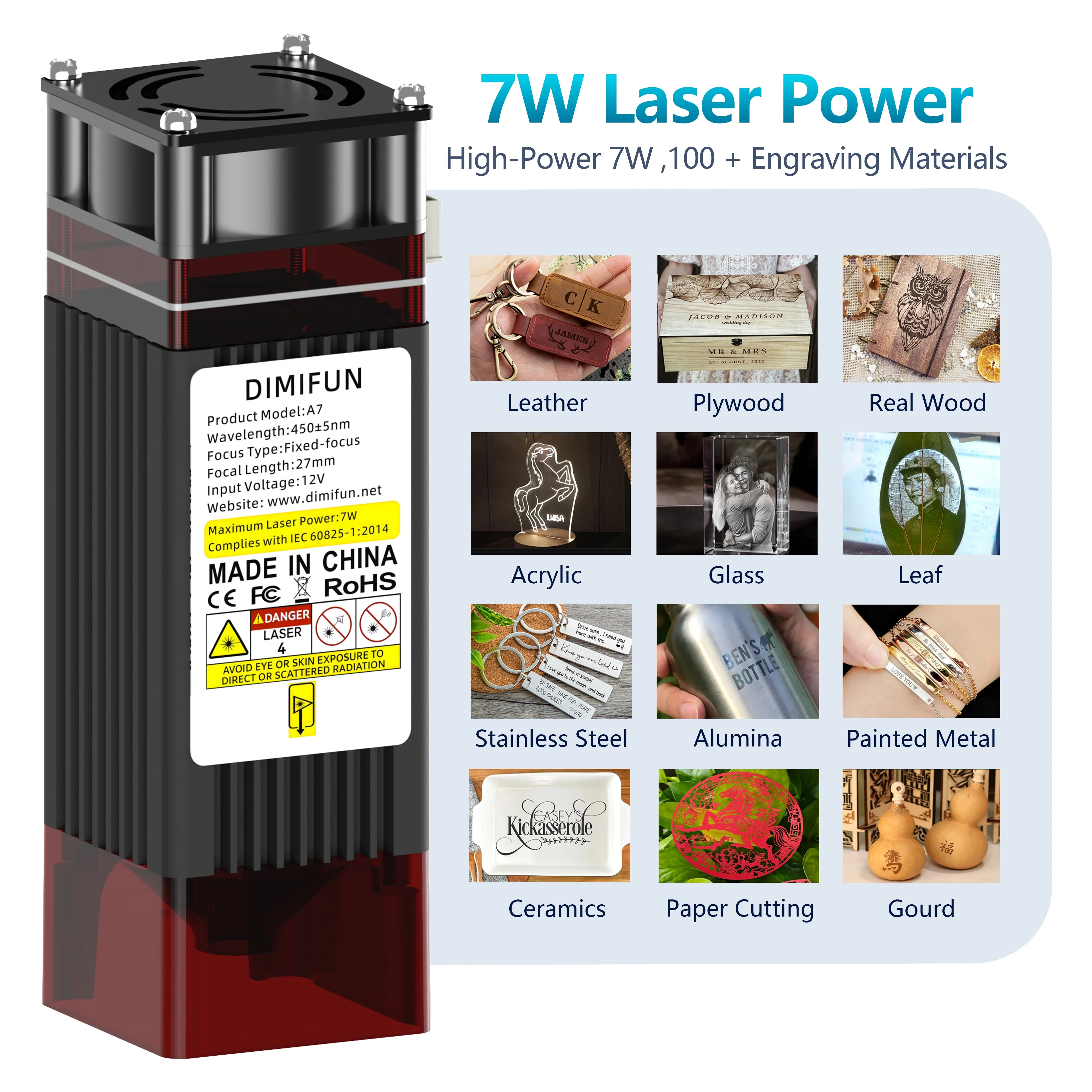 DIMIFUN 7W 450nm fixed-focus laser module features a powerful laser diode for use in D9 laser engraving machines.