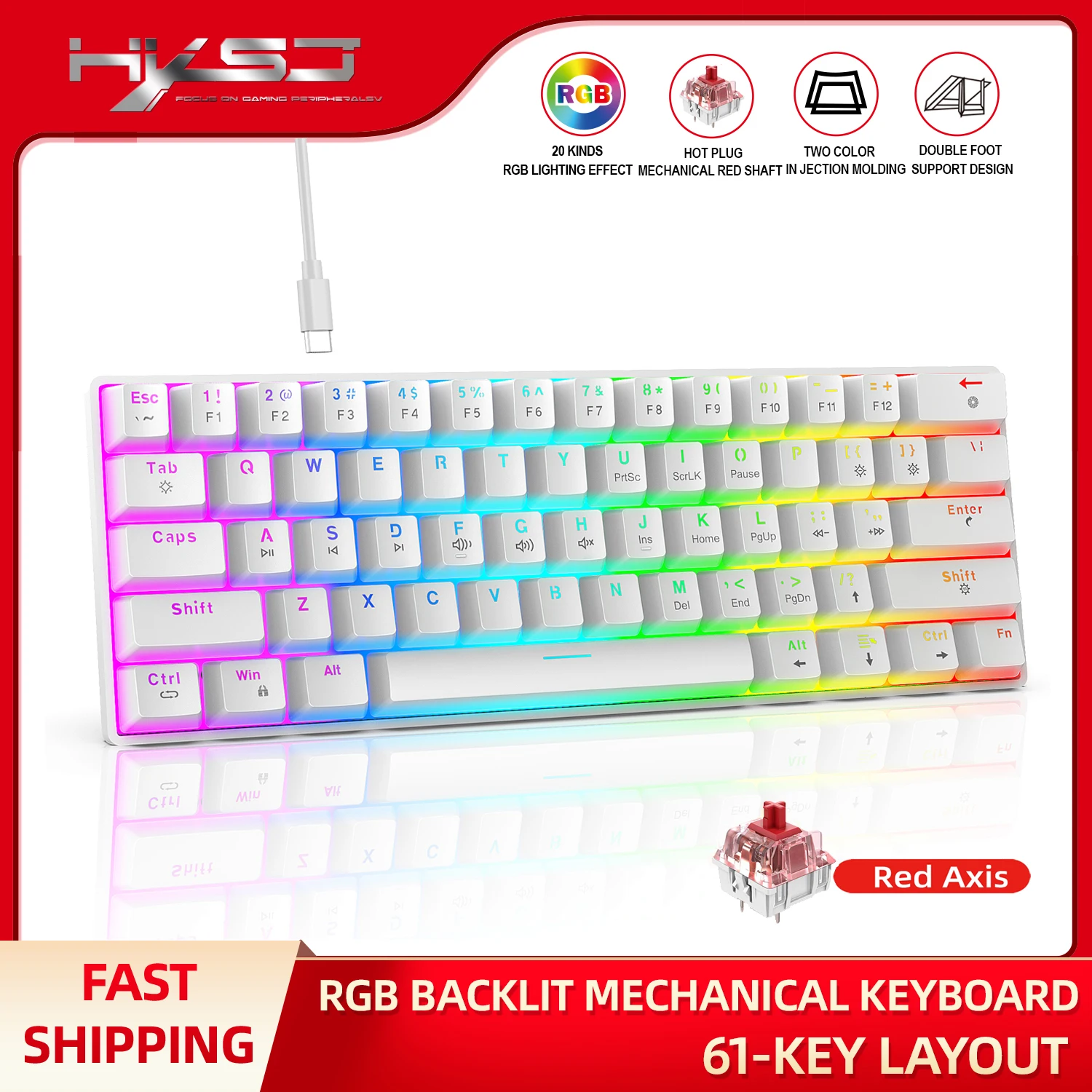 2024 New Arrival HXSJ 61-Key V900 RGB Hot plug switch wired game mechanical Keyboard for Computer and Laptop for Gaming