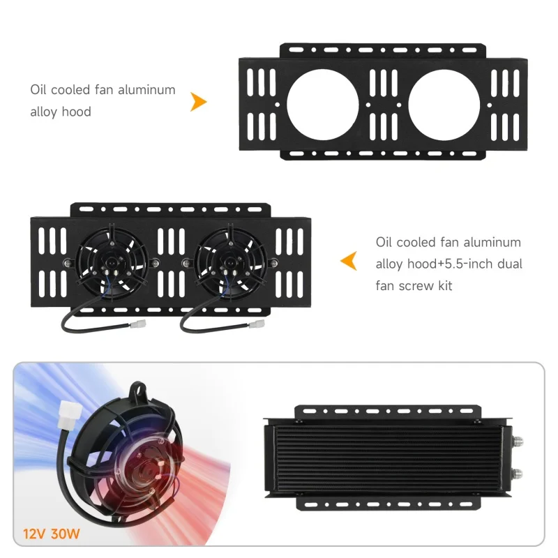

Universal Single Cross/Dual Pass Flow Bar&Plate Durable Large Oil Cooler fan cover with Bis- 2×5.5" Electric Fan Kit Aluminum