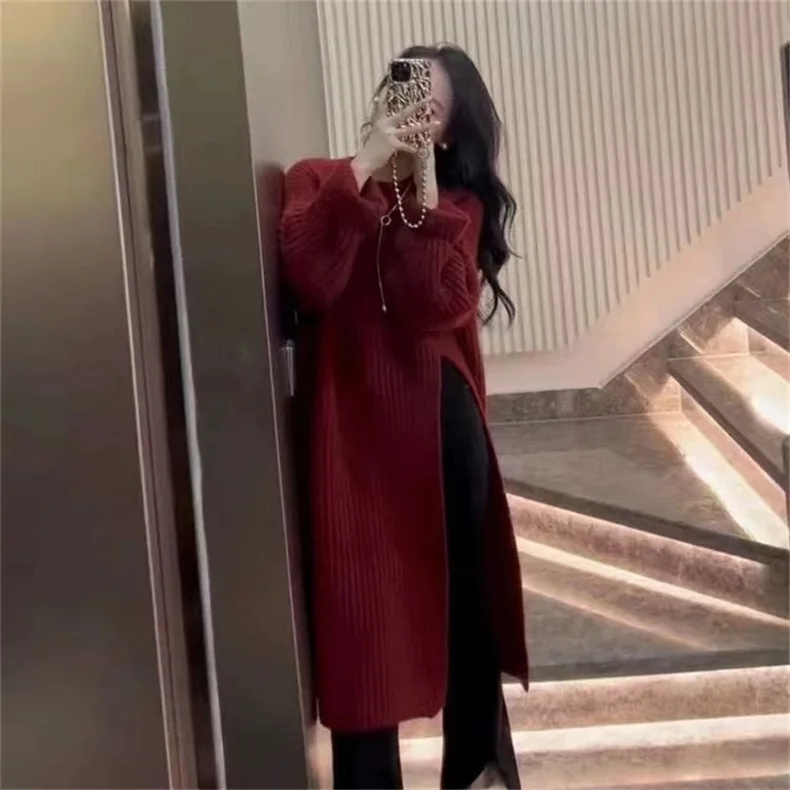 

Осенний ленивый стиль, пуловер с круглым вырезом, вязаное платье, женское свободное утягивающее платье-свитер длиной до колена средней длины с боковым разрезом