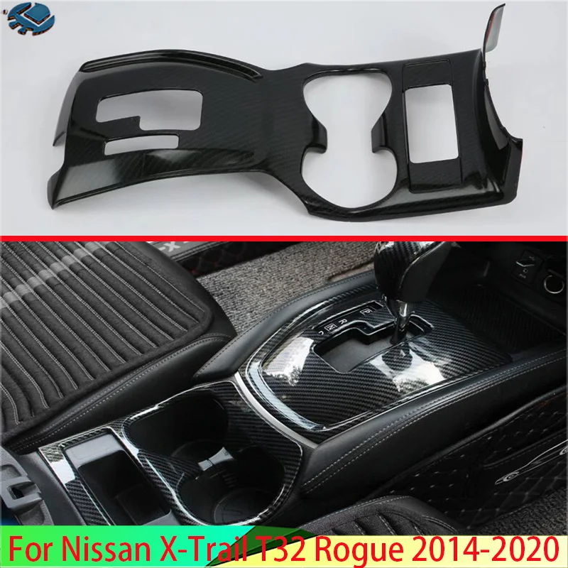 For Nissan X-Trail T32 Rogue 2014-2020 Carbon Fiber Style Front Water Cup Frame + Gear Frame Decorative Accessories
