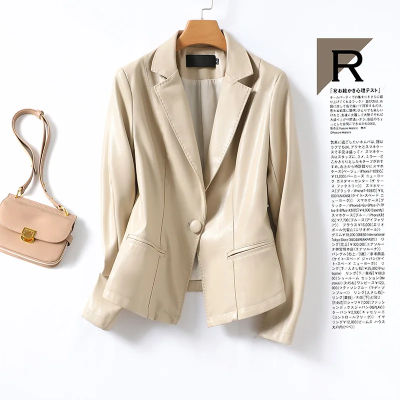 Women Casual Office Blazer Faux Leather Suit Jacket Autumn Winter PU Sheepskin Coat Lapels Short Slim Single Buckle Women's Coat