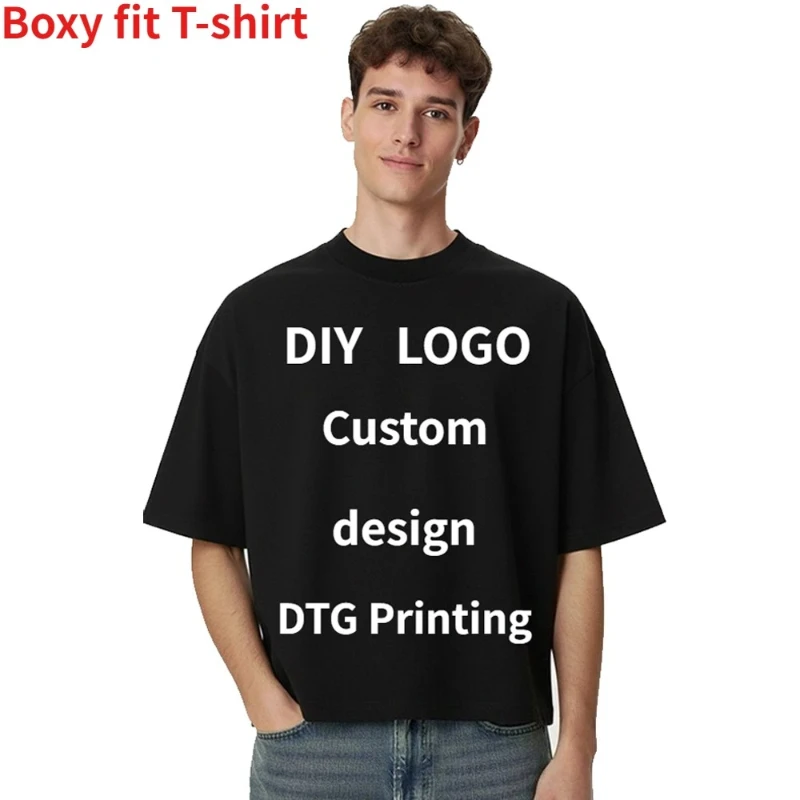 Custom DTG Printing Men Oversized Short Sleeve T‑shirt DIY Logo Personalized Print Loose Drop Shoulder Black Casual  Tees