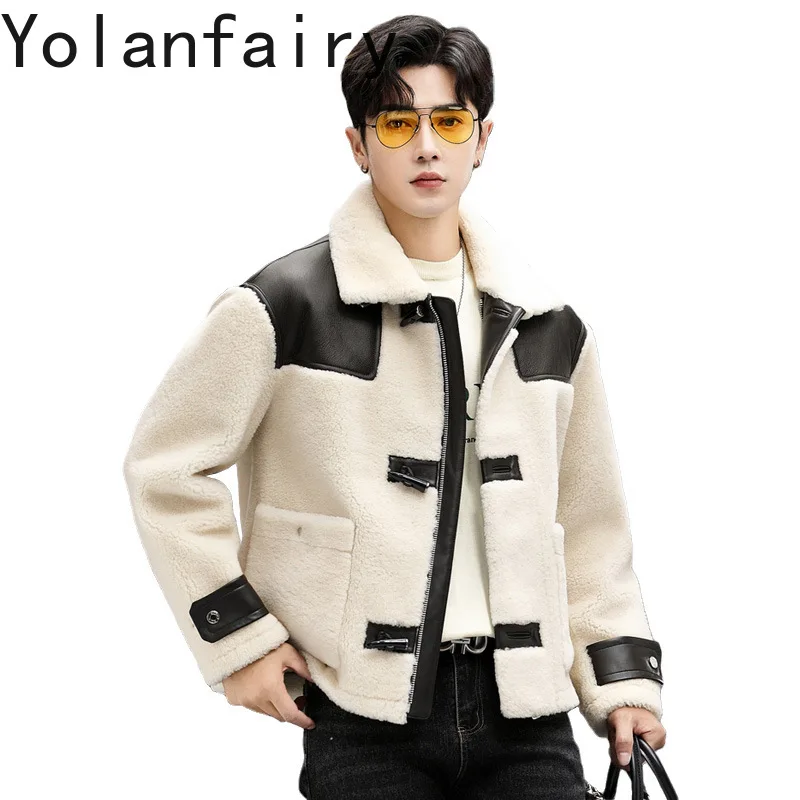 YOLANFAIRY Genuine Sheepskin Mens Real Fur Coat Winter Clothes Cropped Leather Jacket Fleece Jacket Men Loose Fit бомбер 2024