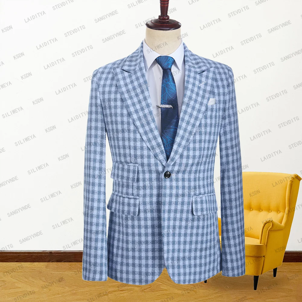 

2023 New Summer Men Suit Fashion Business Casual Blue Check Classic Pattern Linen Slim Fit Formal Coat Peak Lapel Blazer Jacket