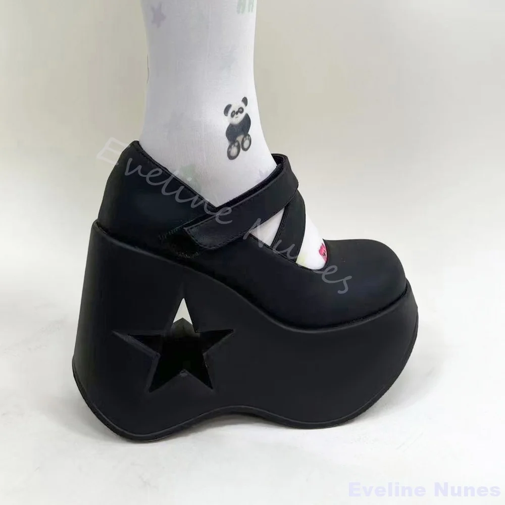 Thick Soled Hollow Five-pointed Star Mary Jane Shoes Women Round Toe Platform Height-increasing Shoes New Fashion Design Sandals