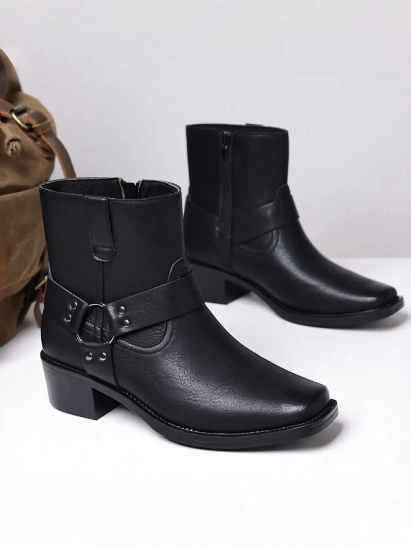 Men's Western Faux Leather Ankle Boots, Square Toe Metal Studded Harness Booties with Side Zipper & Block Heel, Non-Slip Comfort Casual Cowboy Footwear, Stylish Western Dress Boots for Daily Wear, Party, Outdoor, Vintage Fashion Cowboy Boots for Men