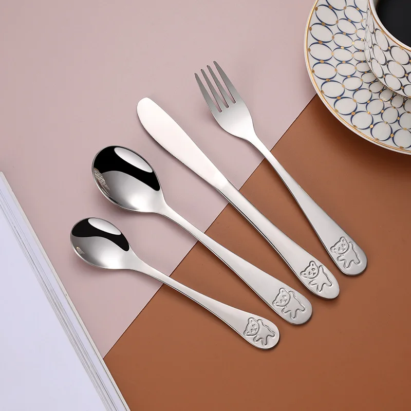 1/4pcs Baby Teaspoon Spoon Food Feeding Fork Knife Utensils Stainless Steel Kids Learning Eating Habit Children Tableware