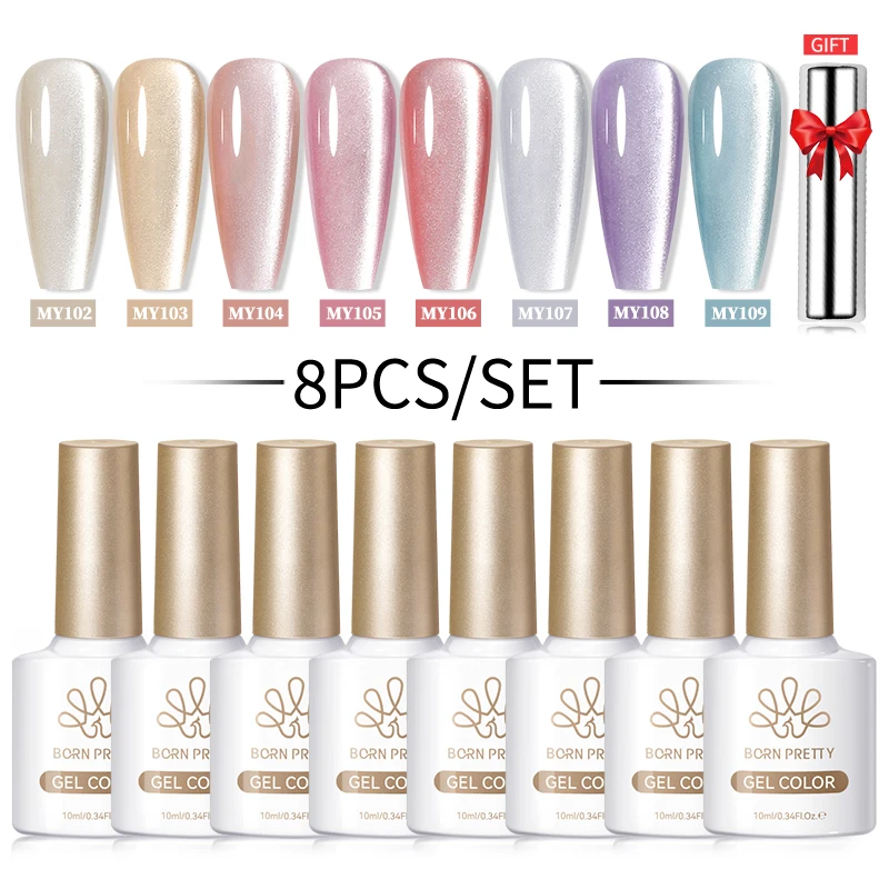 BORN PRETTY 1/8Pcs White Moonlight Cat Magnetic Nail Gel Polish Set Semi Permanent Glitter Magnetic Soak Off Gel Halloween Nails
