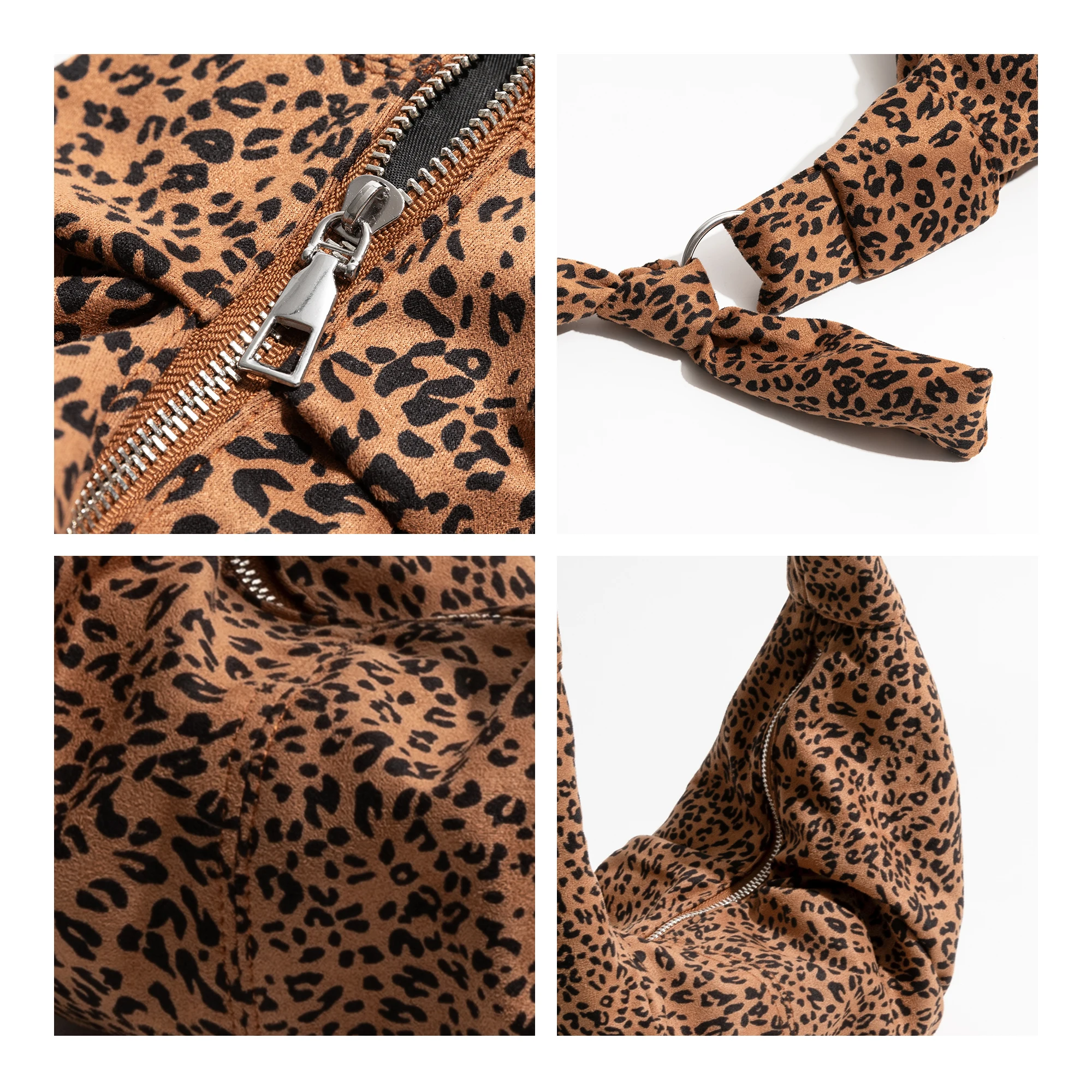 MABULA Retro Pleated Leopard Shoulder Purse Knot Strap Lady Vintage Canvas Dumpling Bag Zipper Design Hobos Crossbody Bag