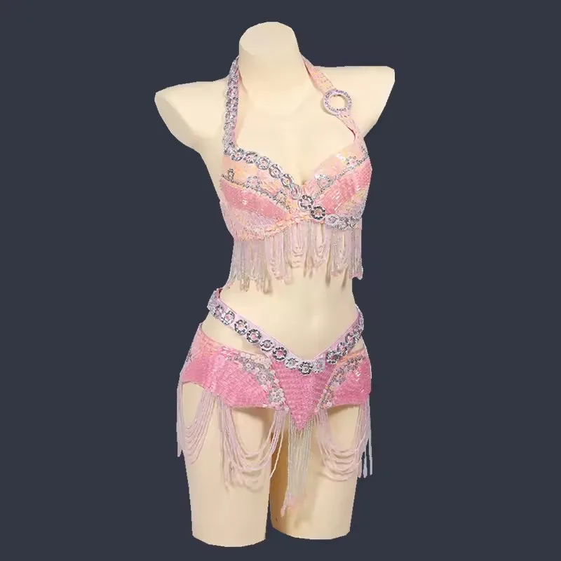 Handgefertigtes Pailletten-Bauchtanzkostüm für Damen, professionelle Tanzkleidung, BH-Gürtel, 2-teilig, orientalische Tanzkleidung