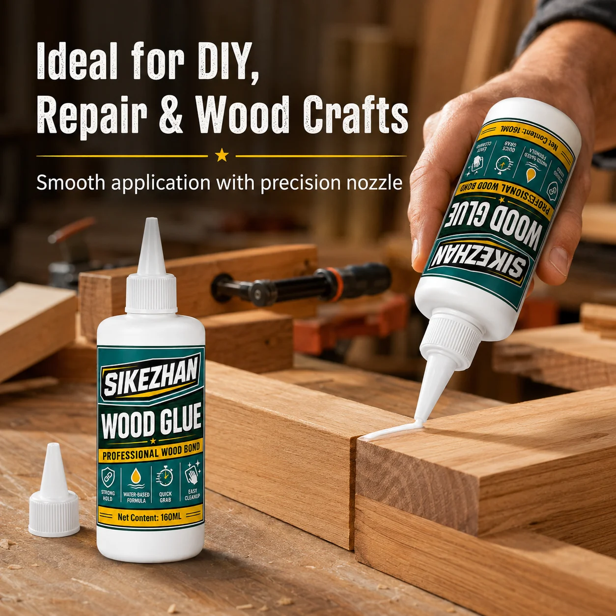 160ml Professional Wood Glue, Fast-Grip Water-Based Adhesive for Woodworking, Furniture Assembly, DIY Crafts and Home Repairs