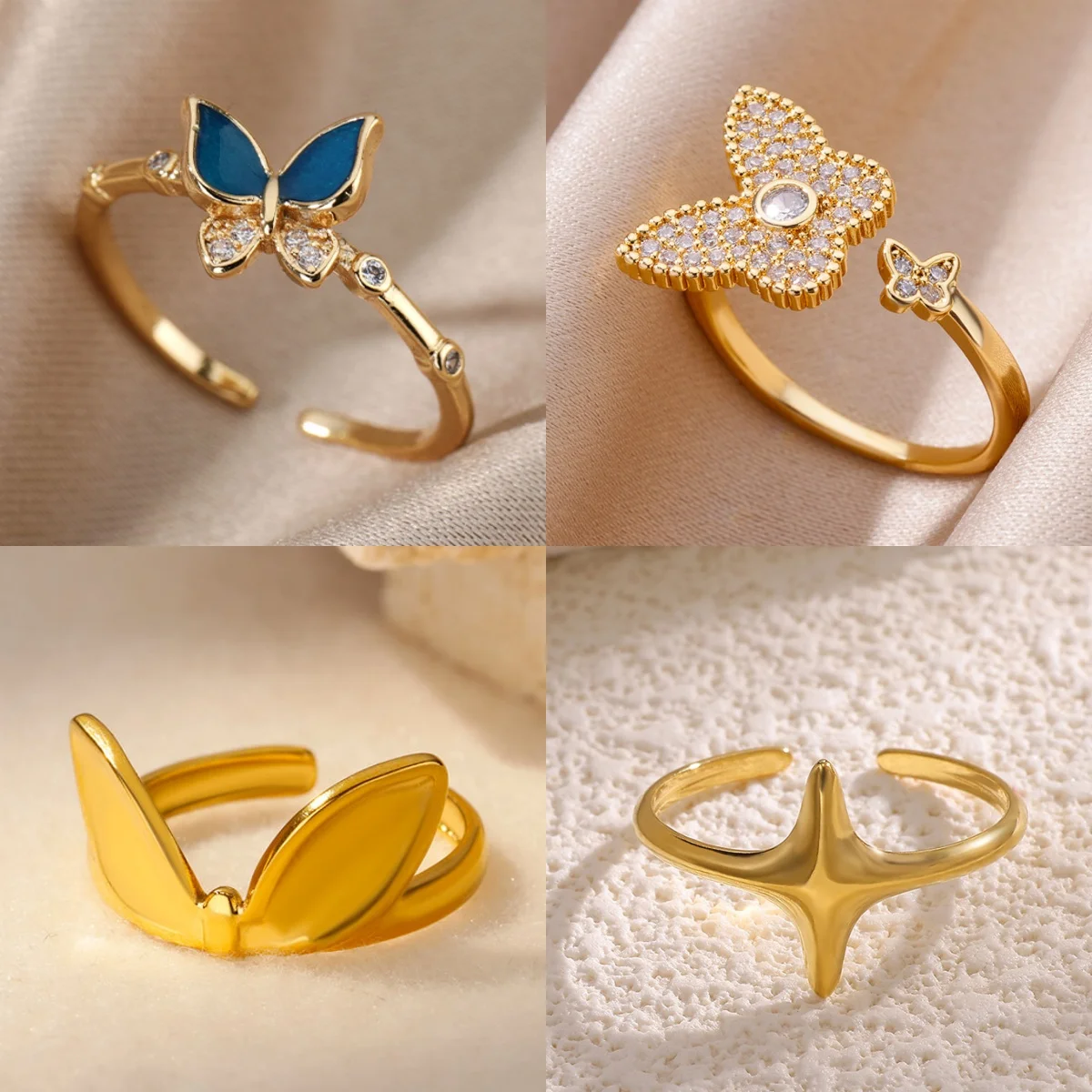Luxuriöser Hasenohren-Ring mit 18K Vergoldung, Schmetterling-Zirkonia, Damenring aus 304 Edelstahl, Geometrischer Schmuckring, Kostenloser Versand