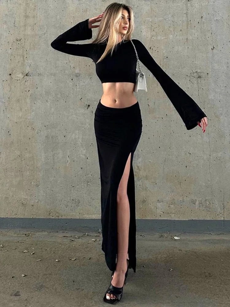 Black Skirt Set for Women, Long Sleeve Crop Top, Slit Long Dress, Ensembles De Jupes, Ladies 2 Piece Outfits