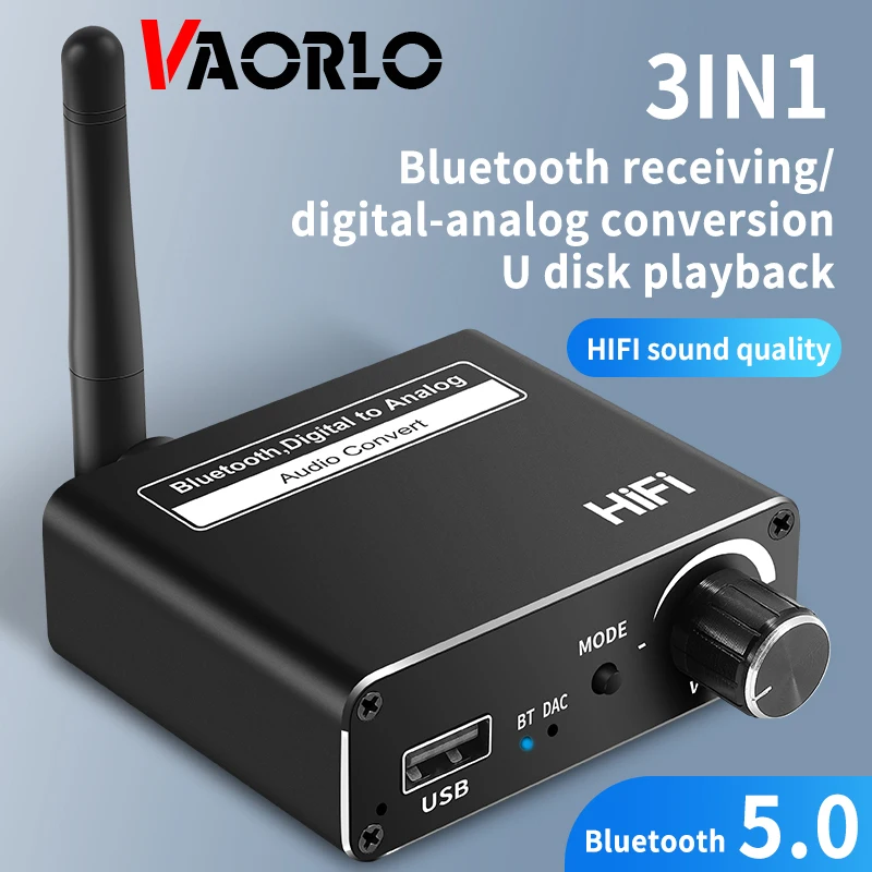 

VAORLO 3 In 1 Coaxial Optical Fiber DAC Bluetooth-compatible 5.0 Receiver Digital to Analog Audio Converter 3.5mm AUX Adapter