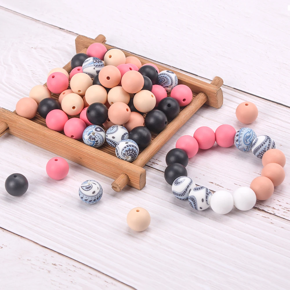 LOFCA 30Pcs 15mm Silicone Beads Round Loose Mix Print Beads For Jewelry Making DIY KeyChain Bracelet Necklace Jewelry accessorie