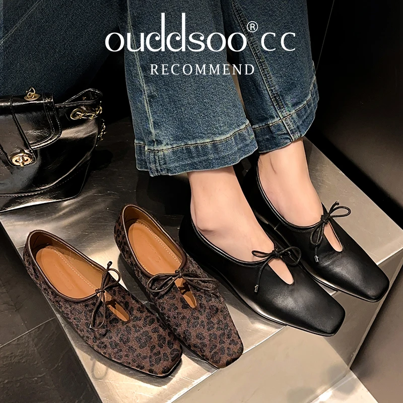 

Ods Vintage Leopard Print Women Pumps Spring Round Toe Thick Heels Mature Shoes Woman Genuine Leather Lace-Up Basic Office Lady