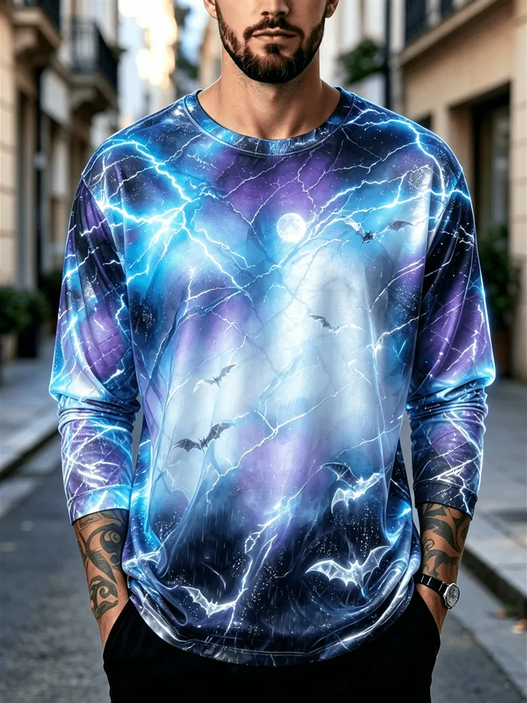 Men's Halloween Ghost Lightning Pumpkin Long Sleeve T-Shirt Blue Bat Moon Star Graphic Tee Glowing Pullover Tops Gift 2026 New