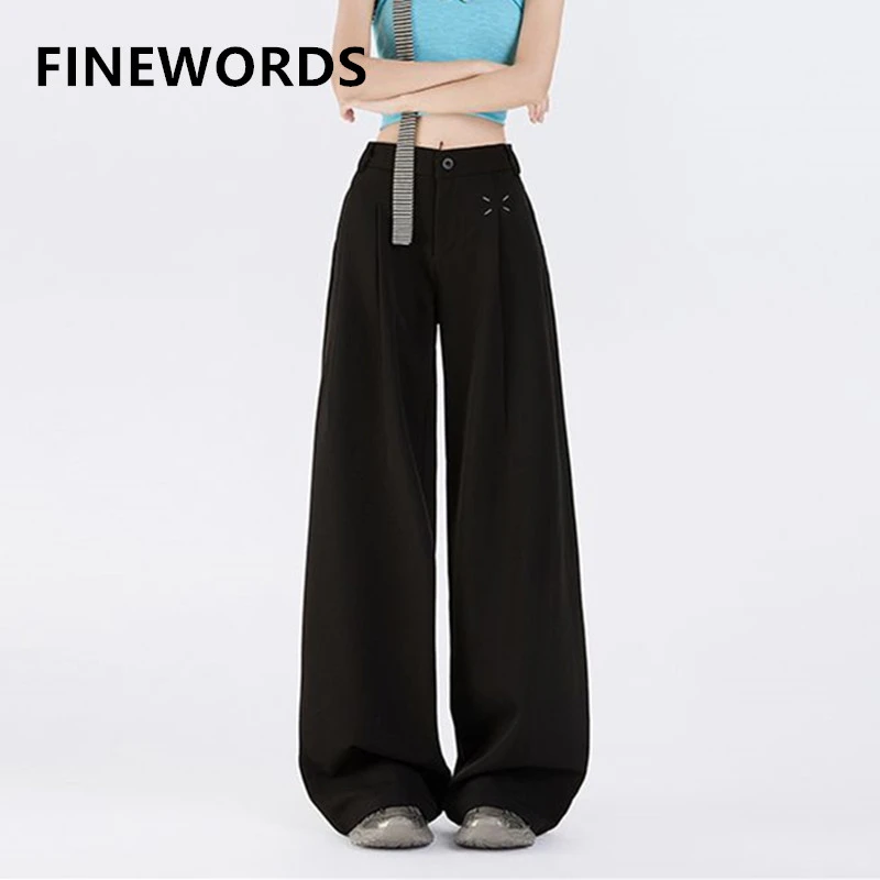 

FINEWORDS Vintage Loose Wide Leg Black Pants Women Korean Streetwear Easymatch Pants High Waist Full Length Baggy Pants
