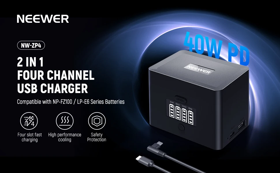 NEEWER 2-in-1 Vierkanal-USB-Akkuladegerät für NP-FZ100 und LP-E6 Sony A6700 A7III FX3 FX30 A7IV Canon EOS R5 II – Detail 1
