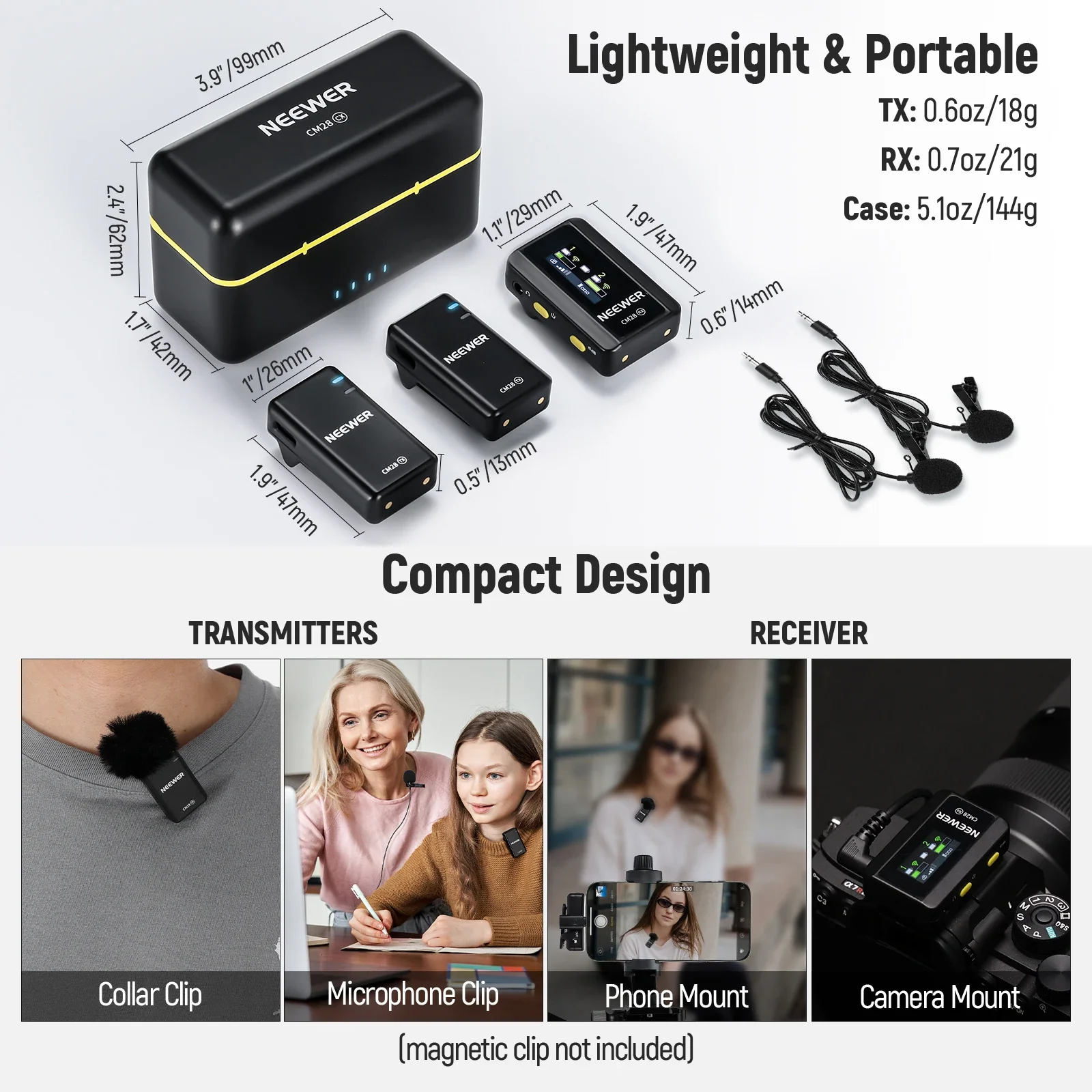 NEEWER CM28 تصميم لاسلكي لميكروفون مع علبة شحن بنقرة واحدة وإلغاء الضوضاء لكاميرا iPhone Android PC