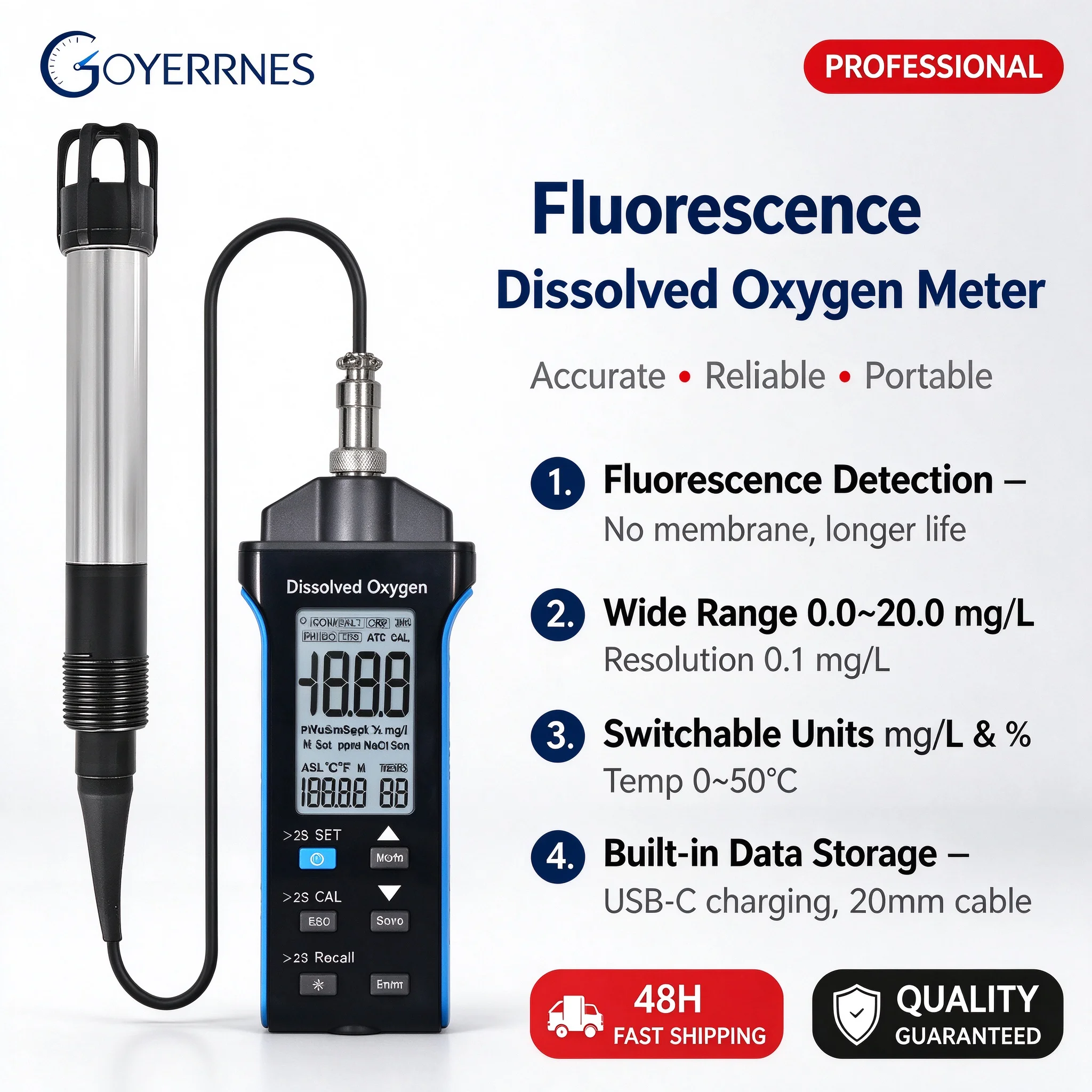 Fluorescence Dissolved Oxygen Meter Portable Water Quality Tester DO Temp 0-20mg/L 0-199.9% SALT ASL Compensation LCD Backlight
