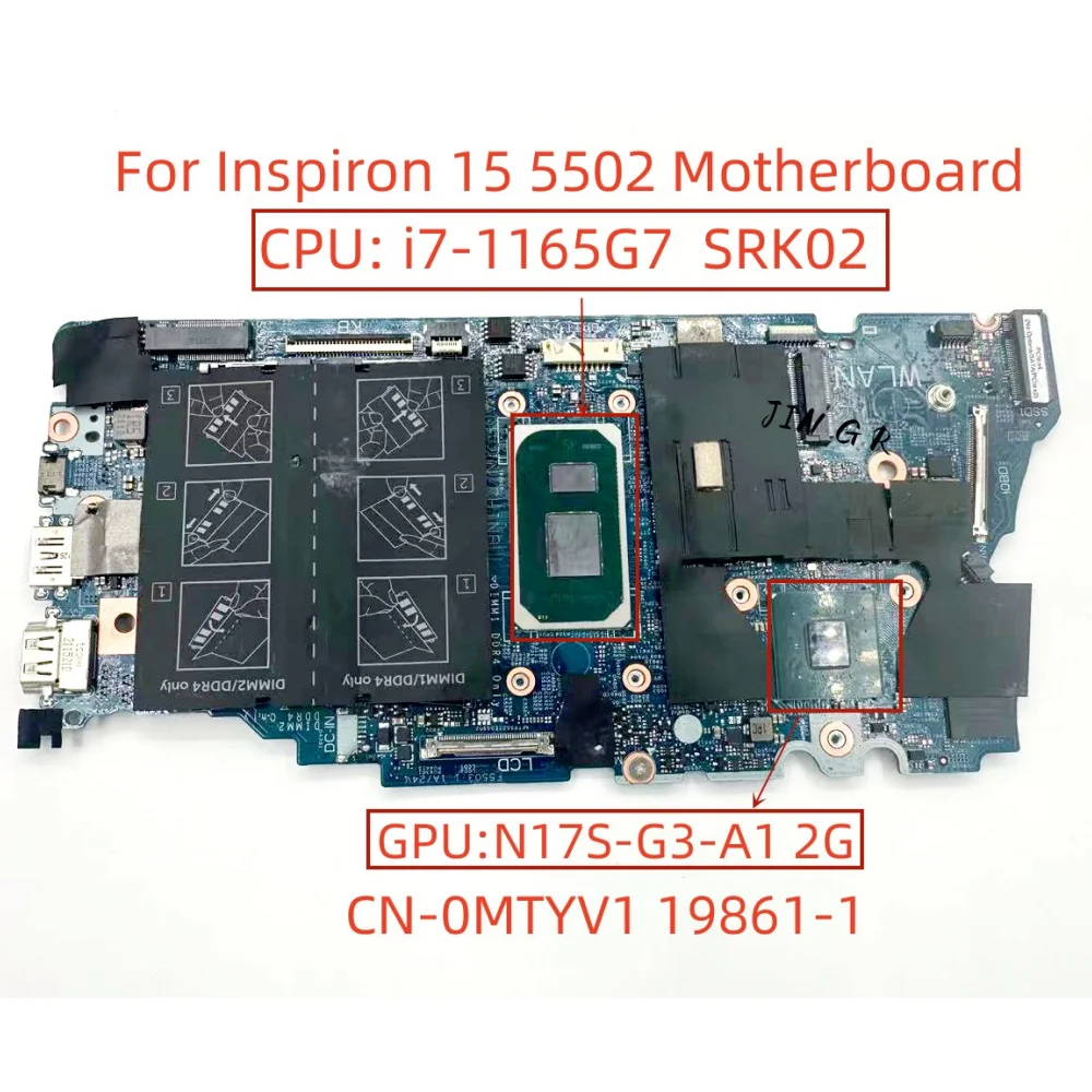 Mainboard para dell inspiron 15 5502 computador portátil placa-mãe cpu: I7-1165G7 srk02 ddr4 cpu mx330 2g gpu CN-0MTYV1 19861-1