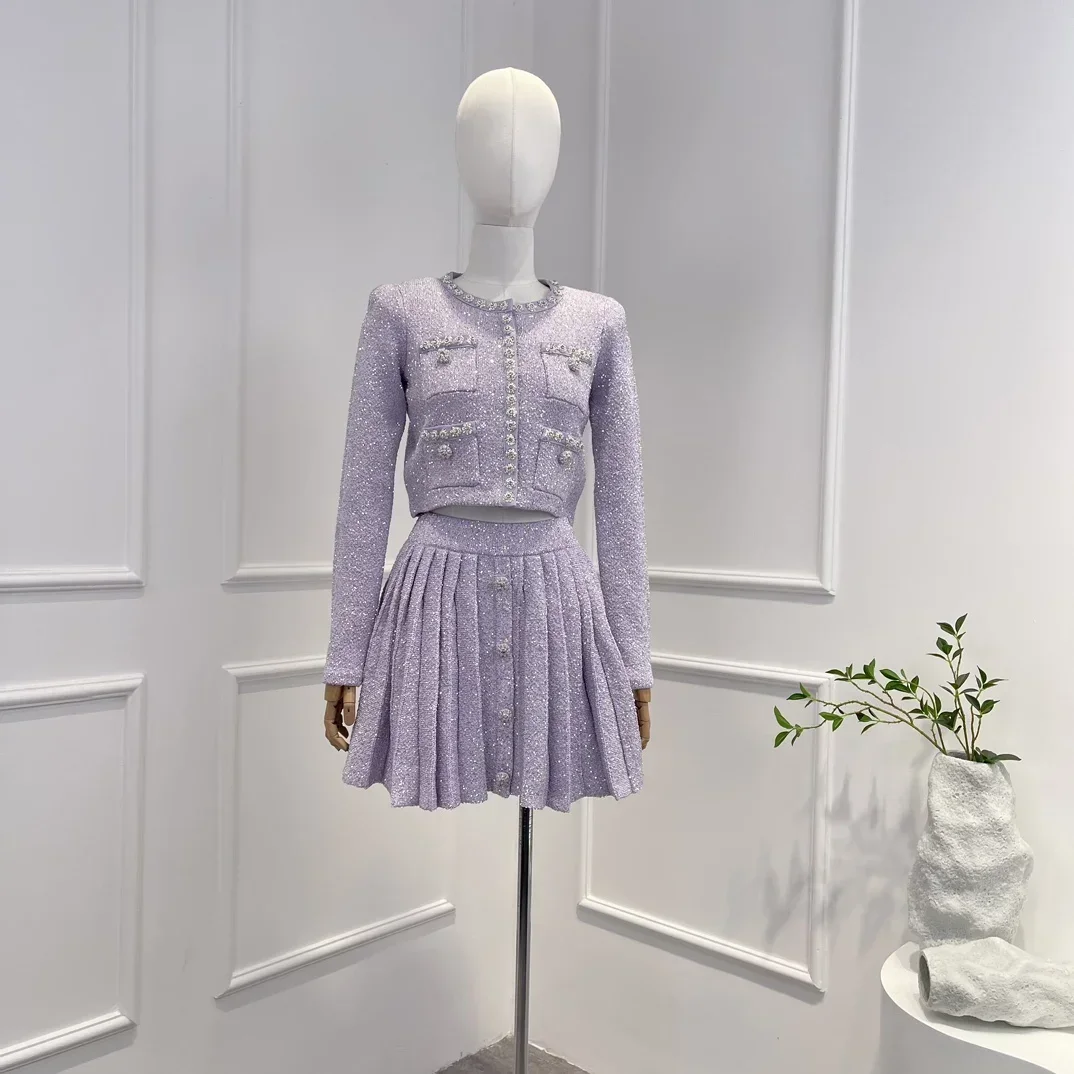 

Pockets Fashion Jacket and Mini Folds Sweet Skirt Woman Set 2024 Purple New Collection High Quality Elegant Sequins