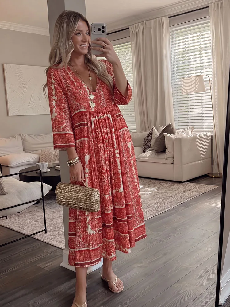 HH Women Summer Bohemian Print Short Dress V Neck 3/4 Sleeves Loose Fit For Holiday Gathering Beach Vacation Party Casual Wear