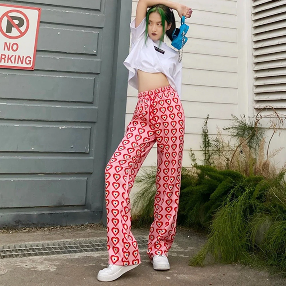 Missnight Pink Pants Heart Printed Straight Elastic High Waist Pants Drawstring Fashion Pants Streetwear Vintage 2023 Harajuku