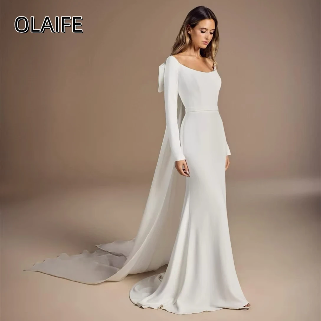 Elegant Long Sleeve Scoop Crepe Wedding Dresses Mermaid Sweep Train Button with Bow Customized Vestidos de novia Bride Dress